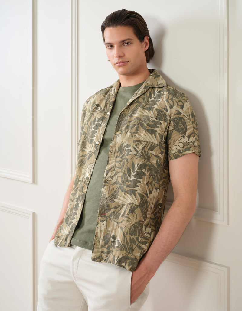 TROPICAL PRINTED LINEN CAMP SHORT SLEEVE SHIRT